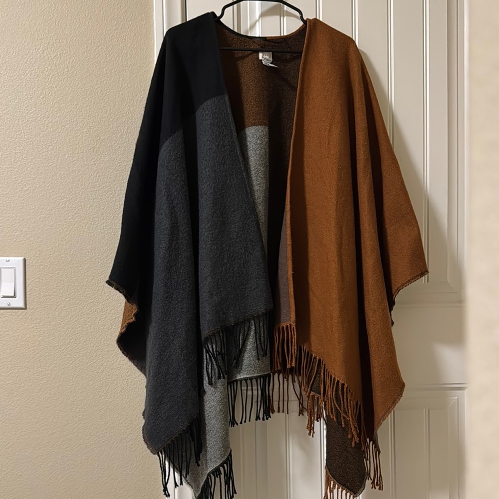 a new day Brown/Black Colorblock Poncho with Fringe